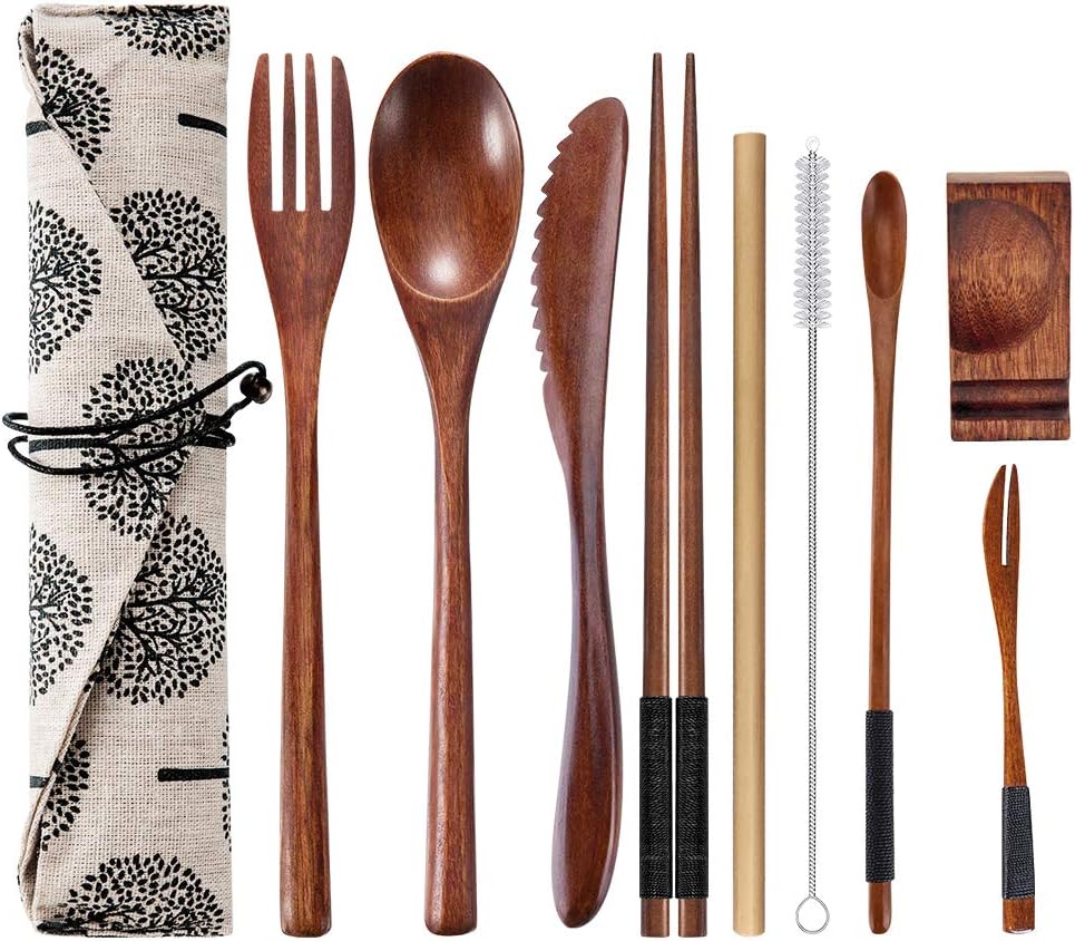 OKA Reusable Wooden Travel Cutlery Set, Japanese Style Lunch Utensil Set with Case, 9 Pcs Wooden Flatware.