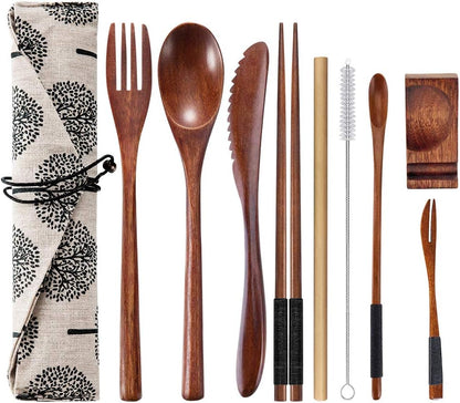 OKA Reusable Wooden Travel Cutlery Set, Japanese Style Lunch Utensil Set with Case, 9 Pcs Wooden Flatware.