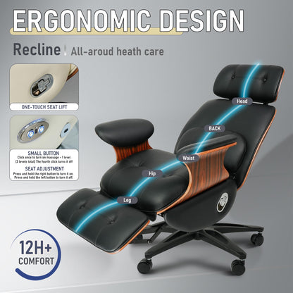 Genuine Leather Office Chair with Electric Reclining, Footrest, Lifting and Massage Function, 350lbs Capacity Ergonomic Executive Chair with Alu Base and 360° Wheels for Home Living Room