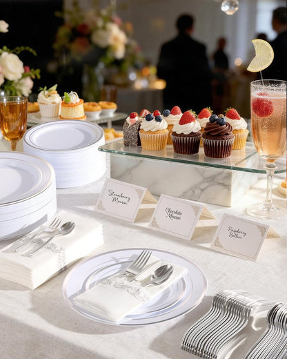 Goodluck 400PCS Elegant Silver Disposable Plastic Dinnerware Set for 40 Guests, Include: 80 Plates, 40 Place Cards, 40 Cups, 80 Spoons, 80 Forks, 40 Knives, 40 Napkins for Weddings/Parties/Graduation