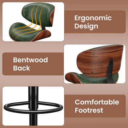 YaFiti Bar Stools Set of 4, Bentwood Adjustable Height Swivel Bar Stools, PU Leather Upholstered Bar Chair with Back and Footrest for Bar, Kitchen, Green