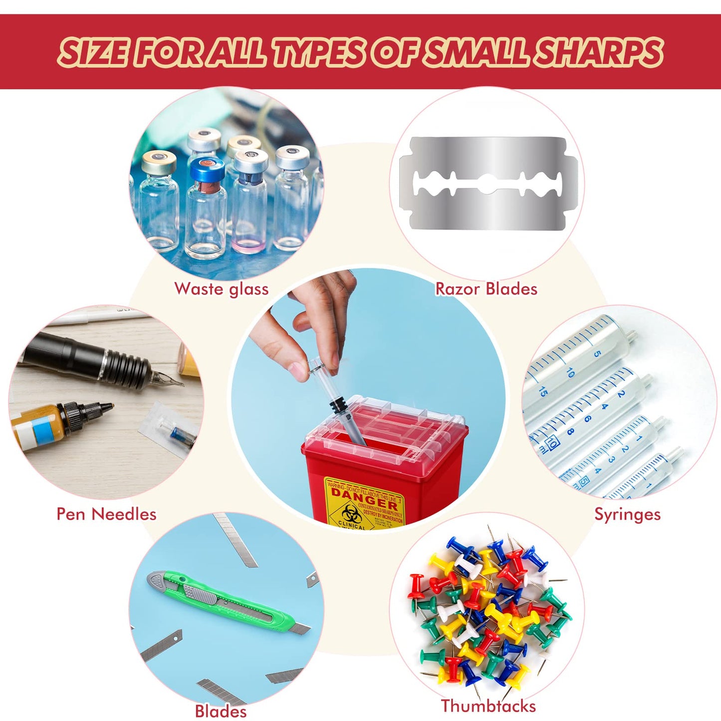 Lothee 6 Pack 2 Gallon Sharp Containers for Needles Disposal Containers Sharps Biohazard Needle and Syringe Disposal, Medical Grade, Red