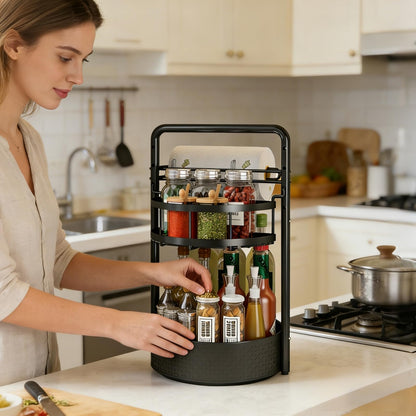 CLOKTA Rotating Spice Rack with Paper Towel Holder, 2 Tier Turntable Lazy Susan, Seasoning Organizer for Kitchen Countertop Cabinet, Black