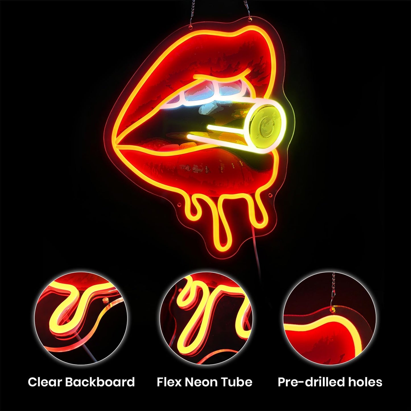 Red Lips Neon Sign, Dimmable LED Sign for Wall Decor, Sexy Lips Light Up Sign for Bedroom Makeup Room Bar Club Party, 15.9 x 12.6" Vibrant UV Print Acrylic Art Neon Lights for Wall, USB Powered