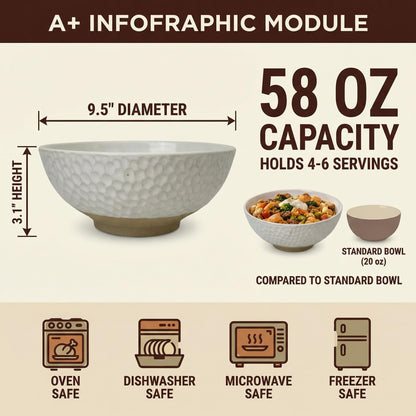 Wgtalation Large Ceramic Dinner Bowl - Handmade Salad Bowl Set, 58 oz. Dishwasher and Oven Safe, Vanilla White 9.5 inch”