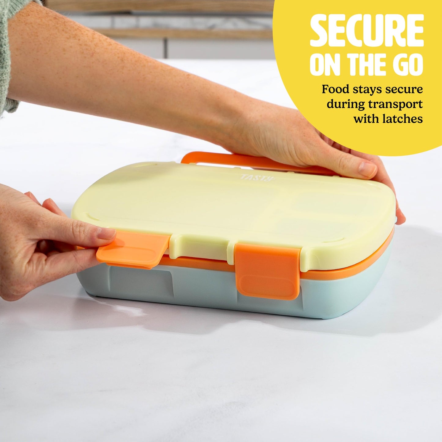 Tasty Bento Style Lunch Box, 4 Compartments with Built-In Phone Stand, BPA-Free Plastic, Portable Food Storage Container, Aqua
