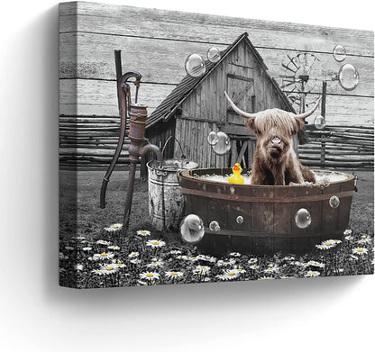 Farmhouse Bathroom Decor Wall Art, Funny Highland Cow in Bathtub, Rustic 12"x16" Framed Bathroom Cow Painting