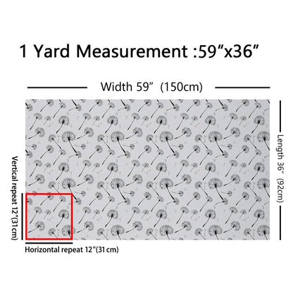 Dandelion Fabric by The Yard Black and White Blooming Flower No Stretch Fabric for Handmade Supplies Wild Outdoor Botanical Plants Soft Flannel Polyester Fabric for DIY Home Accents 2 Yard Bolt,72x59