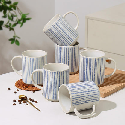 ALOFMO Ceramic Mugs Set of 6, Modern 17oz Coffee Mugs, Stackable Coffee Cups with Handpainted Blue Stripe Pattern, Dishwasher and Microwave Safe Mugs for Home & Office