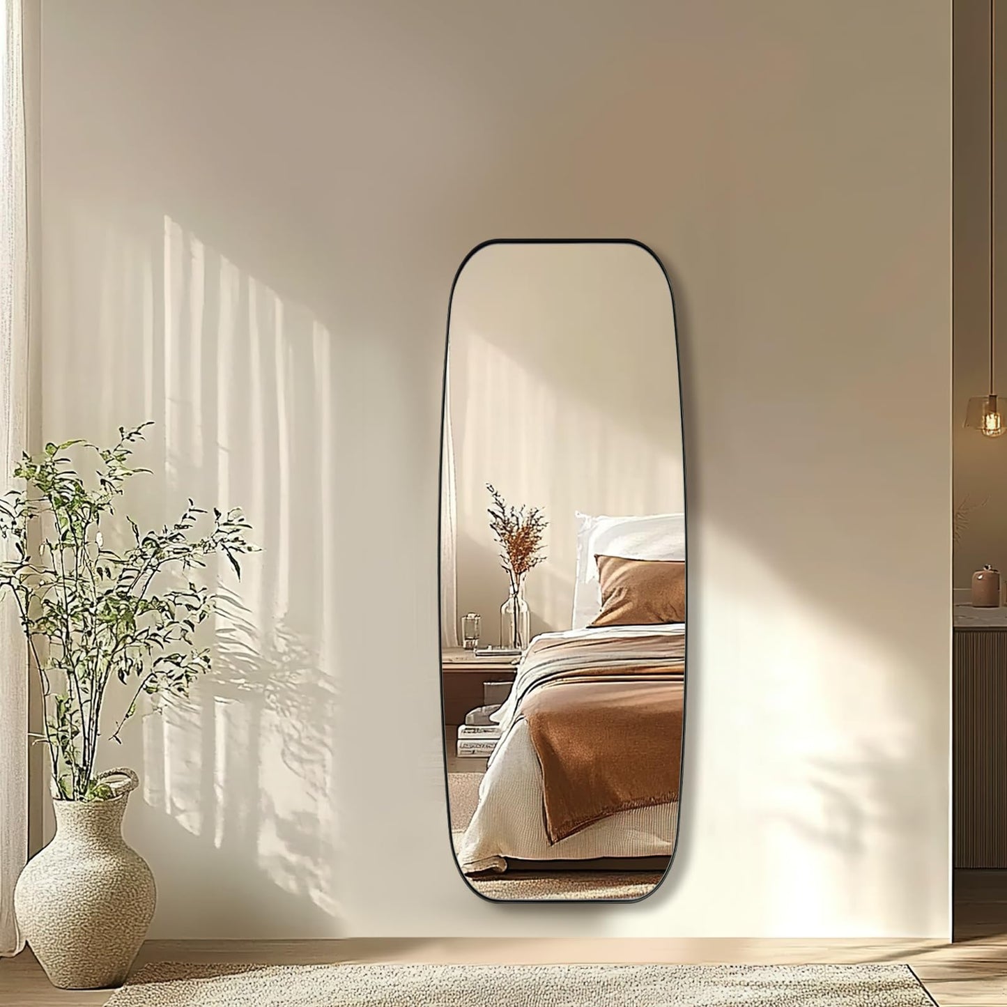 ANDY STAR 18x48 Full Length Wall Mirror, Matte Black Oblong Shaped Body Mirror with Stainless Steel Metal Frame, Rounded Corner Design for Floor and Leaning