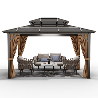 10x12 ft Permanent Aluminum Gazebo with Double-Layer PC Roof, Sturdy Metal Pavilion Canopy, All-Weather Outdoor Sunshade Structure with Retractable Curtains for Patio, Backyard, Garden, Deck