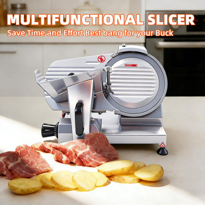 CHEF KEY Commercial Meat Slicer, 10 inch 240W Frozen Meat & Deli Slicer, Premium Carbon Steel Blade & Built-in Sharpener, 0-0.47 inch Adjustable, Semi-Auto for Commercial and Home Use