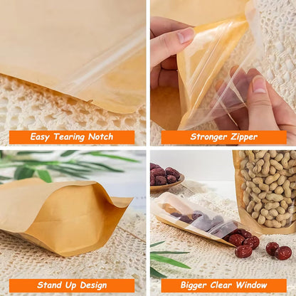 100 PCS Stand Up Pouches, 4 x 6 inch Kraft Paper Food Bags with Clear Window, Reusable Ziplock Storage Bags for Foods
