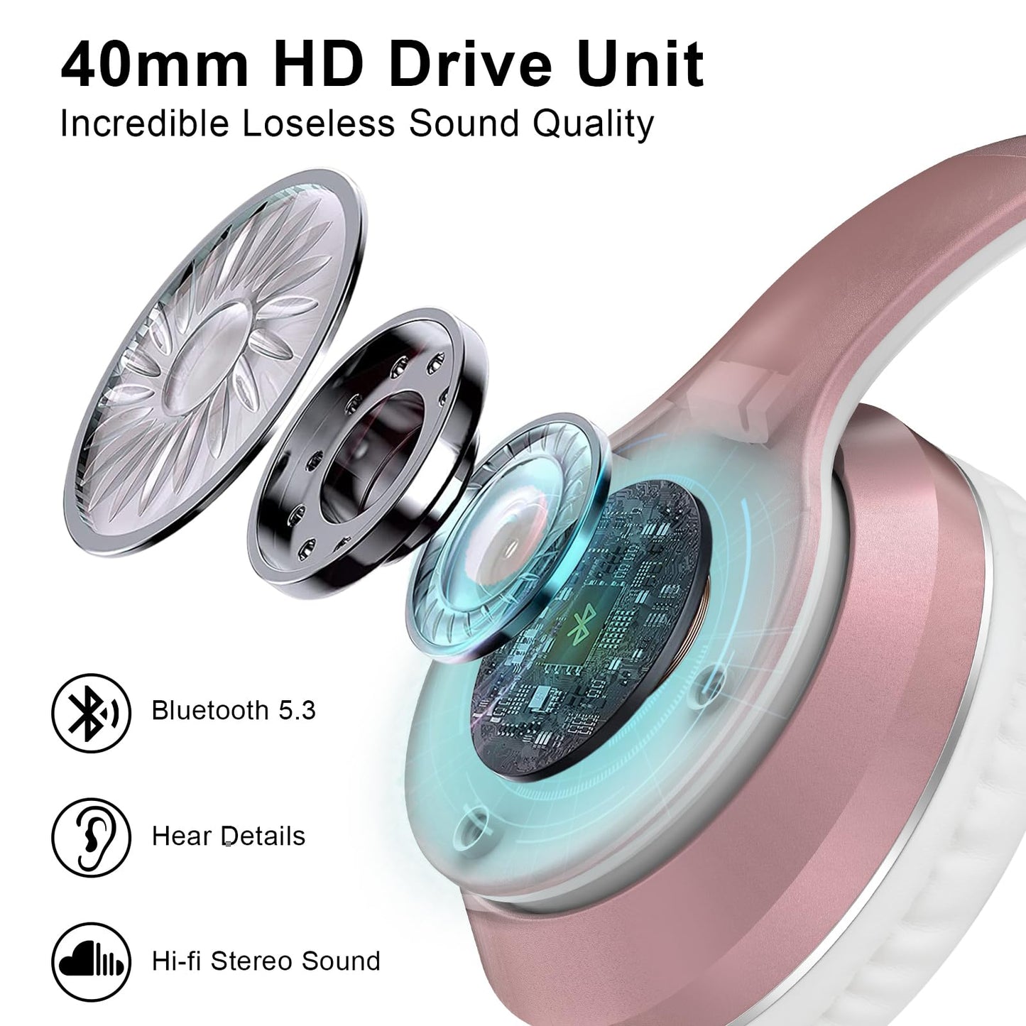 JOMILIN B9 Bluetooth Headphones Over-Ear, 3 EQ Music Modes and 50H Playtime Wireless Headphones with Mic, Hi-fi Stereo Lightweight Folding Headset, Volume Control for Travel Tablet PC (Rose Gold)