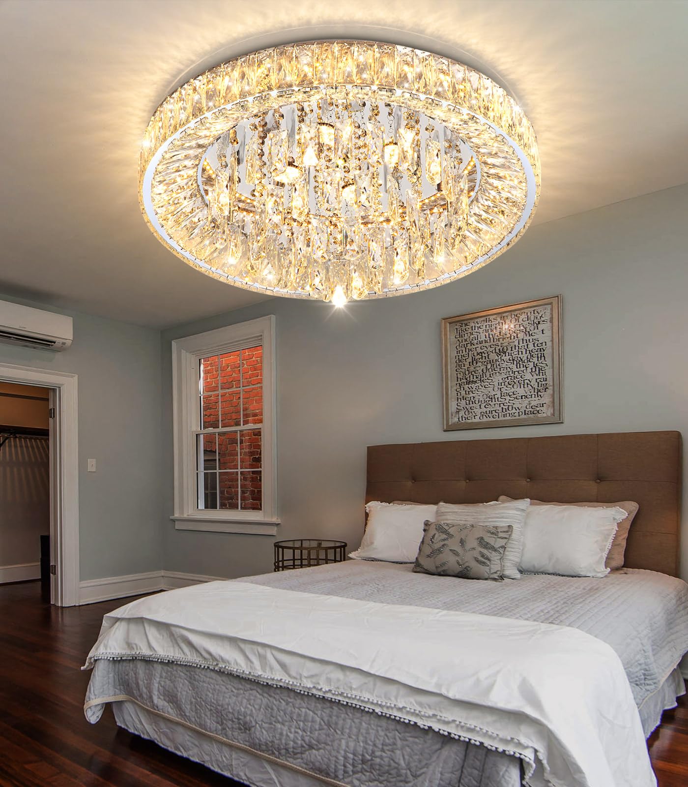 dolria 23.6" Modern Crystal Chandeliers LED Dimmable Flush Mount Ceiling Chandeliers for Living Room Entrance Foyer Bedroom Silver