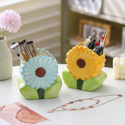 Ceramic Flower Makeup Brush Holder for Women Girls, Cute Pen Pencil Cup Pot for Desk Organizer, Bathroom Toothbrush Holder Home Office Decor (Yellow Sunflower)