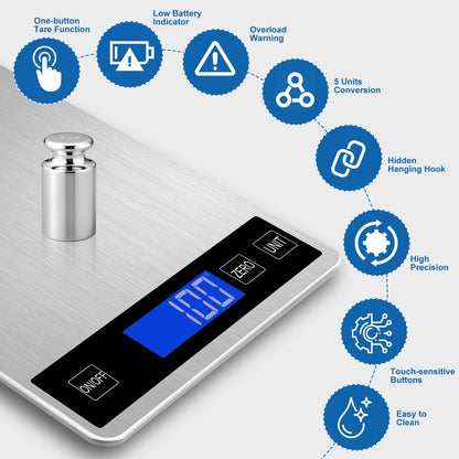 Girwu Food Scale, 22lb Digital Kitchen Scale with 1g/0.1oz Accuracy, 5 Units (g/kg/lb:oz/ml/fl.oz), Backlit LCD, 9x6.3x0.8 Inch Stainless Steel Panel, Hidden Hook, Batteries Included