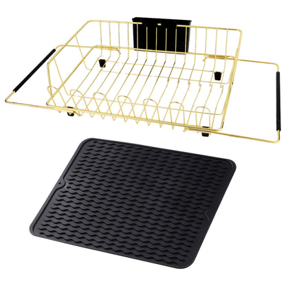 HAYAWEY Golden Expandable Dish Drying Rack with Silicone Drying Mat-Extra Large Stainless Steel Dish Drainer Over The Sink with Utensil Holder, Applicable for Sink Width 16'-22' (Gold,23.2'*12.2')