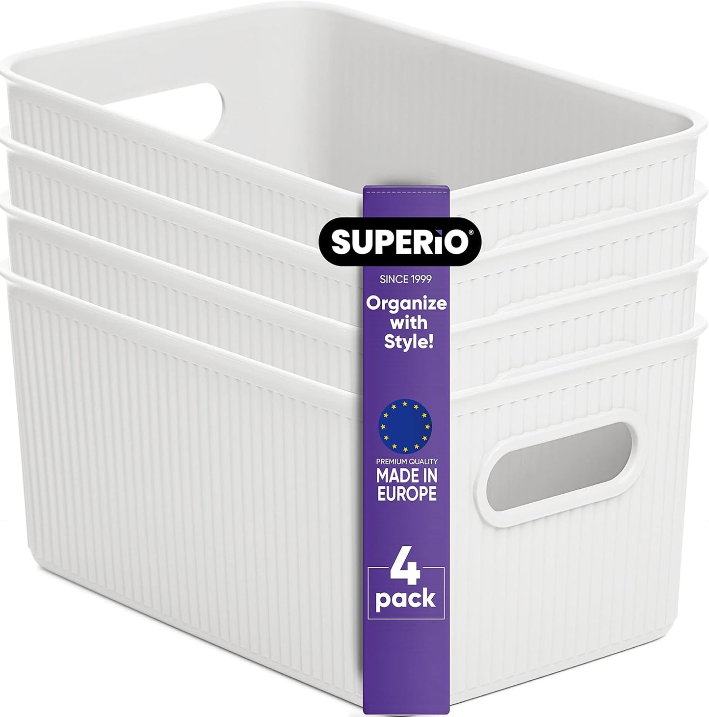 Superio Ribbed Collection - Decorative Plastic Open Home Storage Bins, Medium White (4 Pack) Container Boxes for