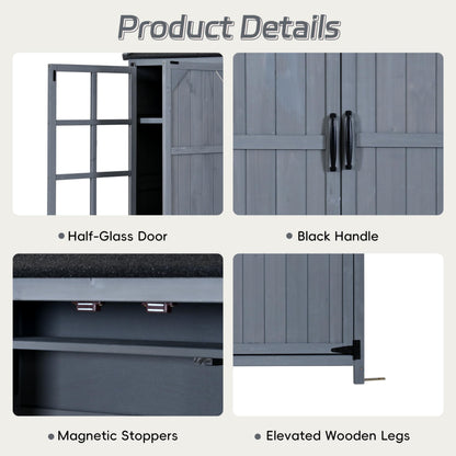 Merax Outdoor Wood Large Garden Storage Shed with Waterproof Roof, Patio 3 Doors Storage Cabinet with Workstation, 7 Storage Shelves, 2 Drawers and 6 Hooks for Backyard, Gray