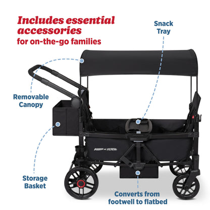 Radio Flyer Voya 2.0 2-Seat Stroller Wagon, for Kids 6+ Months, Lightweight, Compact, Foldable, UV Canopy, Included Storage, Seats Convert to Flatbed, Stroller Wagon for Kids