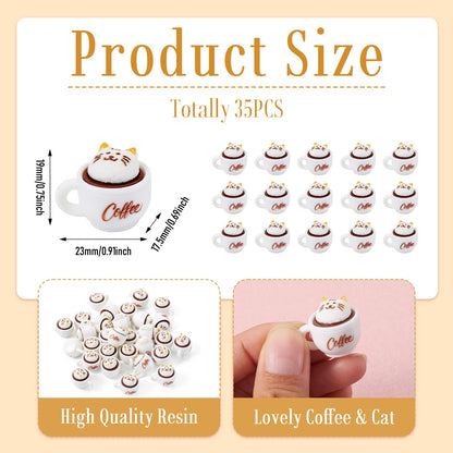 Cheriswelry 35Pcs Mini Resin Coffee Cups Food Drinks Miniature Dollhouse Accessories Cute Cat Coffee Mug Ornament 17.5x23mm for Kitchen Play Tableware Party Decoration