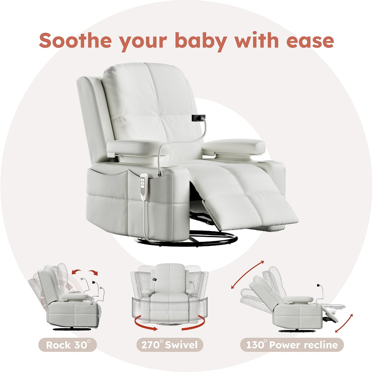 MAMAZING Lullapod Power Nursery Recliner Rocking Chair, Triple Motor Power Recliner with HugAssist Armrest, 270° Swivel Glider and Quiet Rocking Chair Nursery with Dual Charging Port and Storage