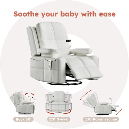 MAMAZING Lullapod Power Nursery Recliner Rocking Chair, Triple Motor Power Recliner with HugAssist Armrest, 270° Swivel Glider and Quiet Rocking Chair Nursery with Dual Charging Port and Storage