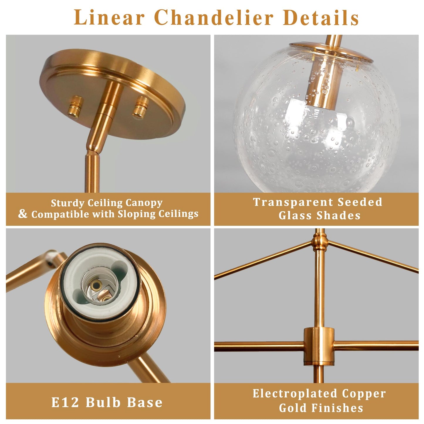 Lzawvm Modern Linear Chandelier Gold 5 Light Dining Room Linear Chandelier with Seeded Glass Globe 39 Inch Kitchen Island Pendant Light Electroplated Copper Finish for Farmhouse Living Room