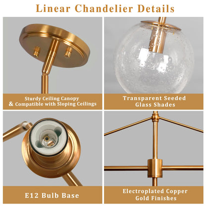 Lzawvm Modern Linear Chandelier Gold 5 Light Dining Room Linear Chandelier with Seeded Glass Globe 39 Inch Kitchen Island Pendant Light Electroplated Copper Finish for Farmhouse Living Room