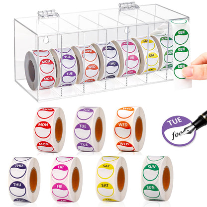 3500 PCS 7 Days of The Week Stickers 0.79 Inch Sticker Roll Dispenser Holder Acrylic Day Dot Dispenser Food Date Labels Stickers Monday to Sunday for Kitchen Restaurant Expiration Date