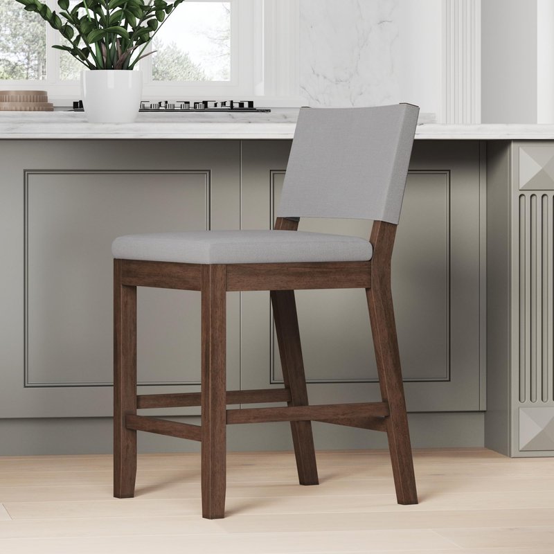Nathan James Linus Modern Upholstered Counter Height Bar Stool with Back and Solid Rubberwood Legs in a Dark Brown Wood, Natural Light Grey/Brown