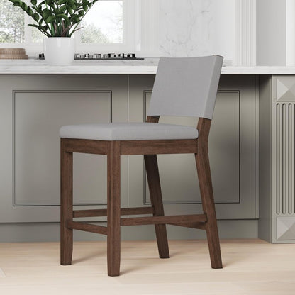 Nathan James Linus Modern Upholstered Counter Height Bar Stool with Back and Solid Rubberwood Legs in a Dark Brown Wood, Natural Light Grey/Brown
