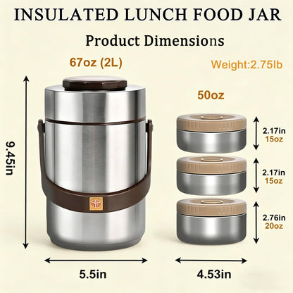 67oz Adults Stainless Steel Vacuum Insulated Thermal Lunch Box, 3 Tier Stackable Sealed Leak-Proof Wide Mouth Portable Bento Food Container, Hot Food Thermo Jar for Soup Office & Outdoor (Silver)
