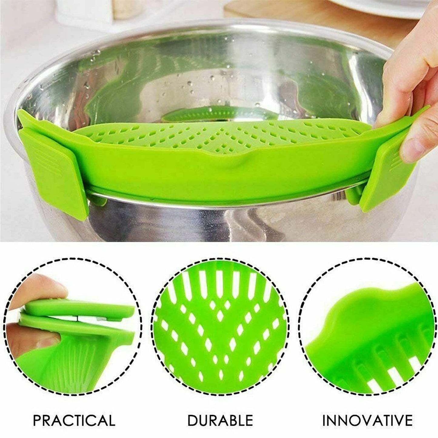 2 Pcs Clip on Strainer, Pot Strainer for Pasta Meat Vegetables Fruit, Silicone Strainers - Fit All Pots Bowls.