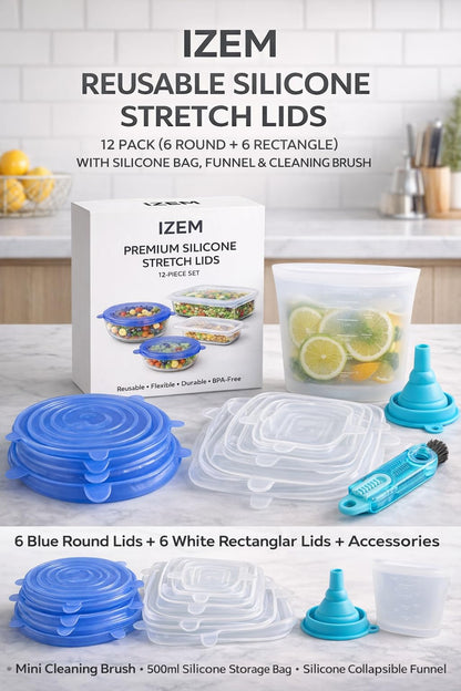 IZEM Premium Reusable Silicone Stretch Lids Set – 12 Pack (6 Round Blue + 6 Rectangle White) BPA-Free, Airtight & Leakproof Bowl Covers + 500ml Silicone Bag, Funnel & Brush