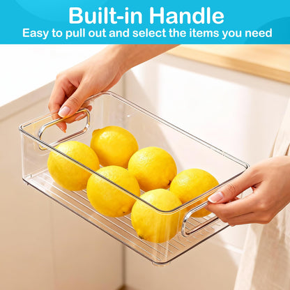 LotFancy Refrigerator Organizer Bins, 4 Pack,10x6x3 in, BPA Free Clear Plastic Storage Bins for Pantry Organization, Stackable Containers with Handles for Fridge, Kitchen Drawer, Freezer, Cabinet
