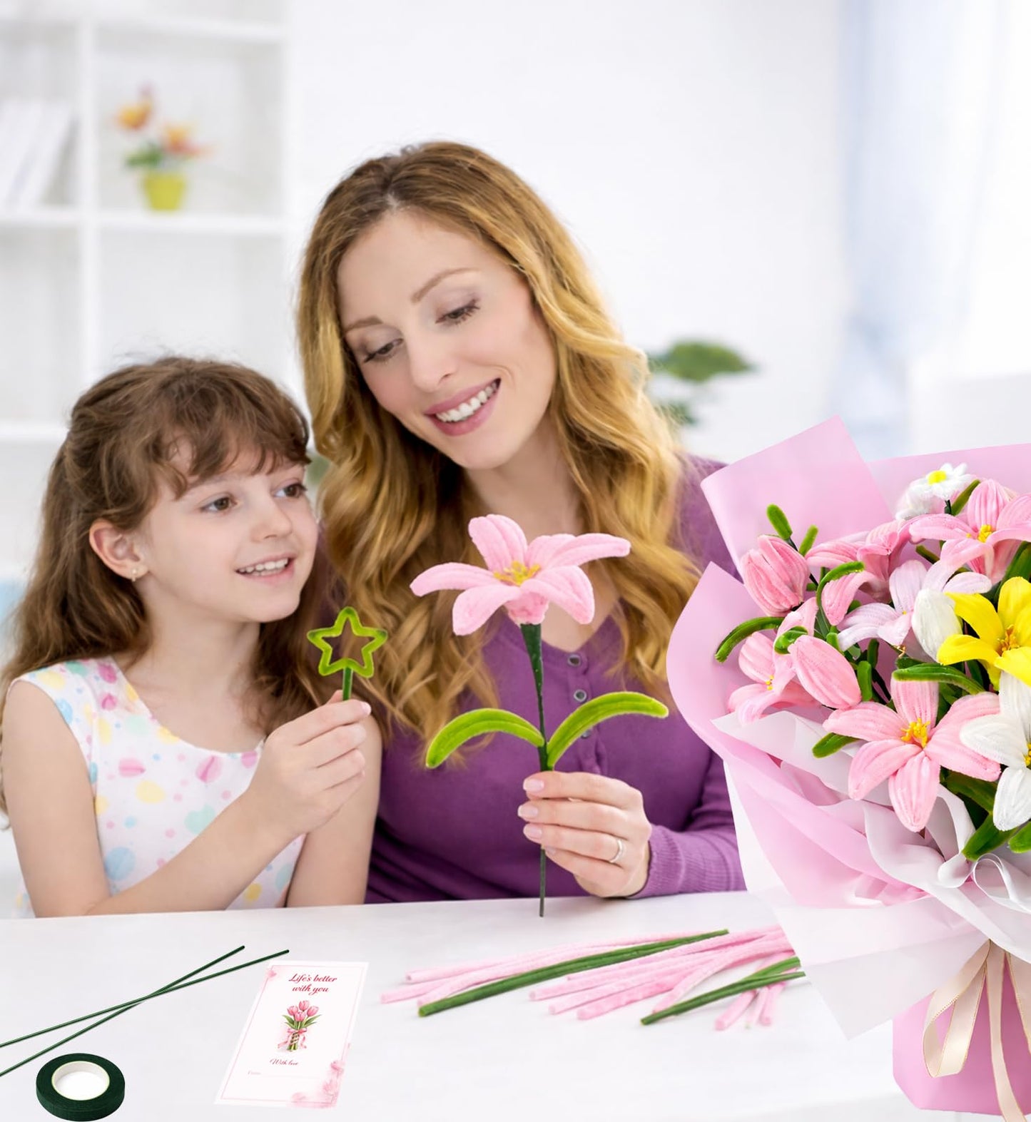 Pipe Cleaner Flower Kit Pink, 600PCS Pipe Cleaners Bulk for Flowers, Pipe Cleaners Craft Set, Chenille Stems Flower Making Kit with Floral Wires, Tape, Glue Sticks, Stamen, Wrapping Paper, Ribbon Card