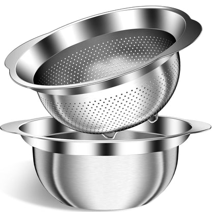 3.5QT Colander with Bowl, Rice Strainer, Stainless Steel Mixing Bowls with Strainer, Pasta Strainer, Colander for Kitchen for Rice Pasta Fruits Vegetables, Rice Cleaner Strainer, Dishwasher Safe