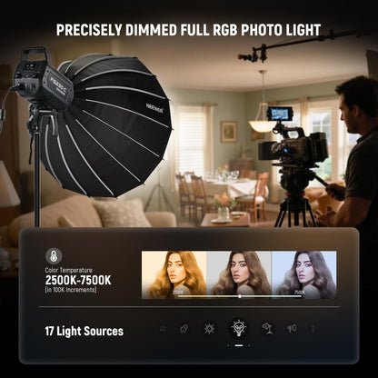 NEEWER 230W High Power RGB LED Video Light, APP/2.4G Control, 2500K-7500K 23000lux/1m COB Continuous Output Lighting, 17 Effects CRI95+ Bowens Spotlight for Studio Photography Video Recording, FS230C