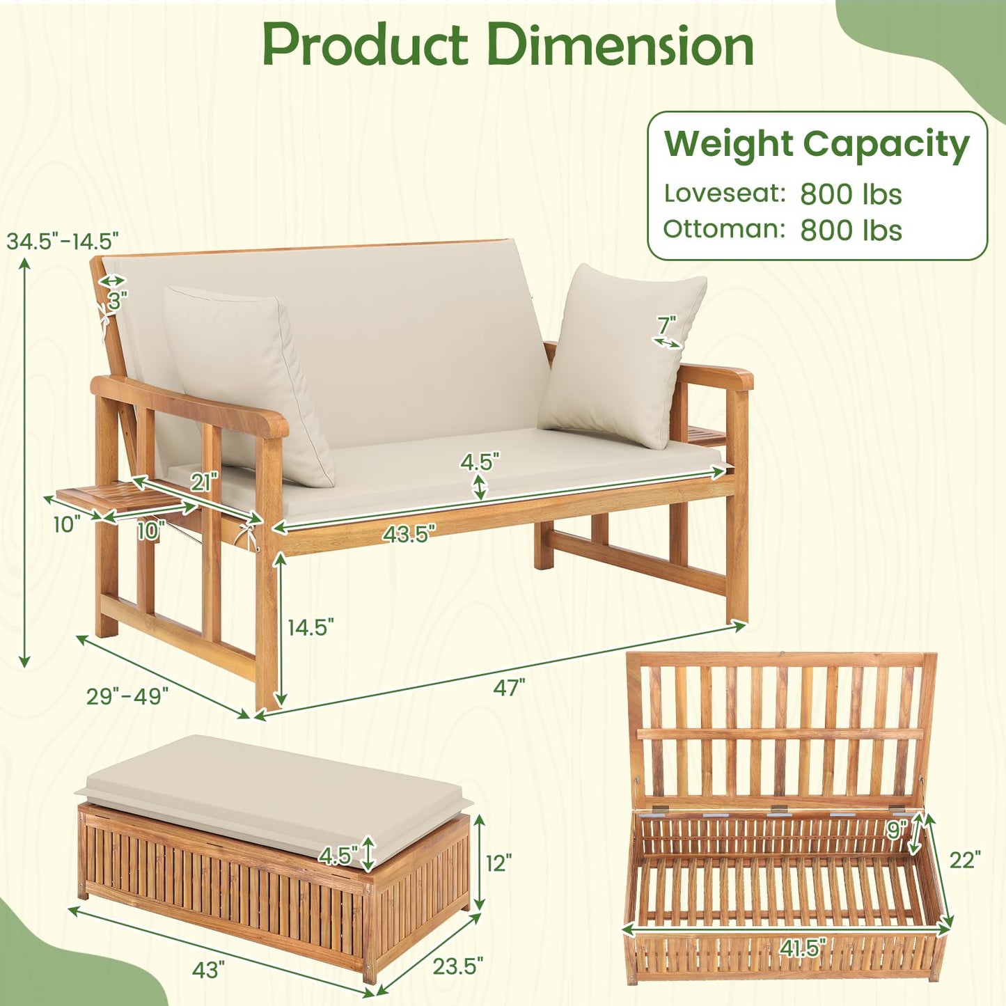 LDAILY Moccha Acacia Wood Outdoor Daybed - Wooden Loveseat Sofa with 4-Level Backrest, Storage Ottoman, Cushions, Outside Sunbed, Double Bed Lounger for Backyard Porch Pool Patio Furniture Set