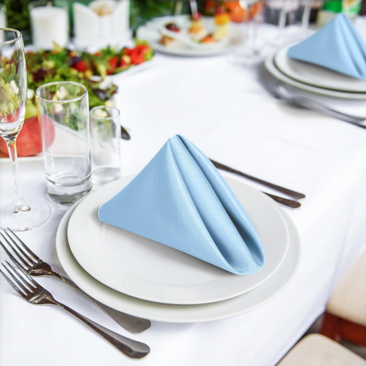 SuperO Set of 120 Cloth Napkins 17 x 17 Inch, Polyester Solid Washable Dinner Napkins with Hemmed Edges,Great for Restaurant, Wedding and Party(Blue Mist)