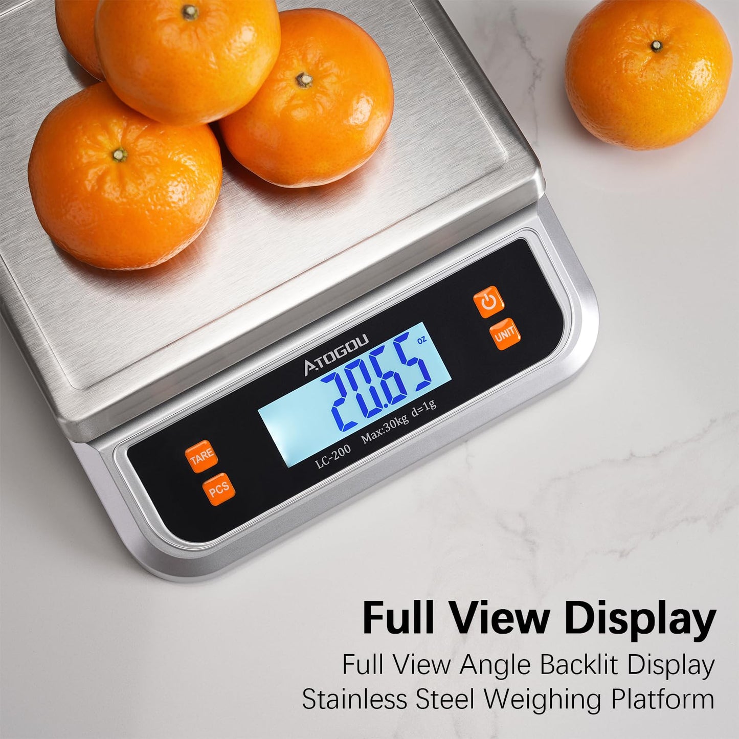 Atogou 88lb Food Scale, Commercial Kitchen Scale Plug-in Usable with Full View LCD Display, Stainless Steel, for Baking, Bread, Cooking, Meat, Vegetables, Farm, Industry LC200 Silver