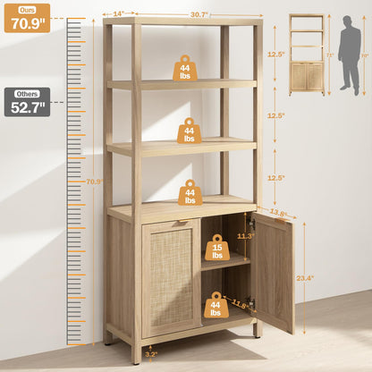 SICOTAS Bookshelf 5 Tier Book Shelf Rattan Boho 71" Tall Bookcase with Doors Storage Shelves Large Bookshelves Farmhouse Bookcases Library Book Case for Living Room Bedroom Home Office Kitchen