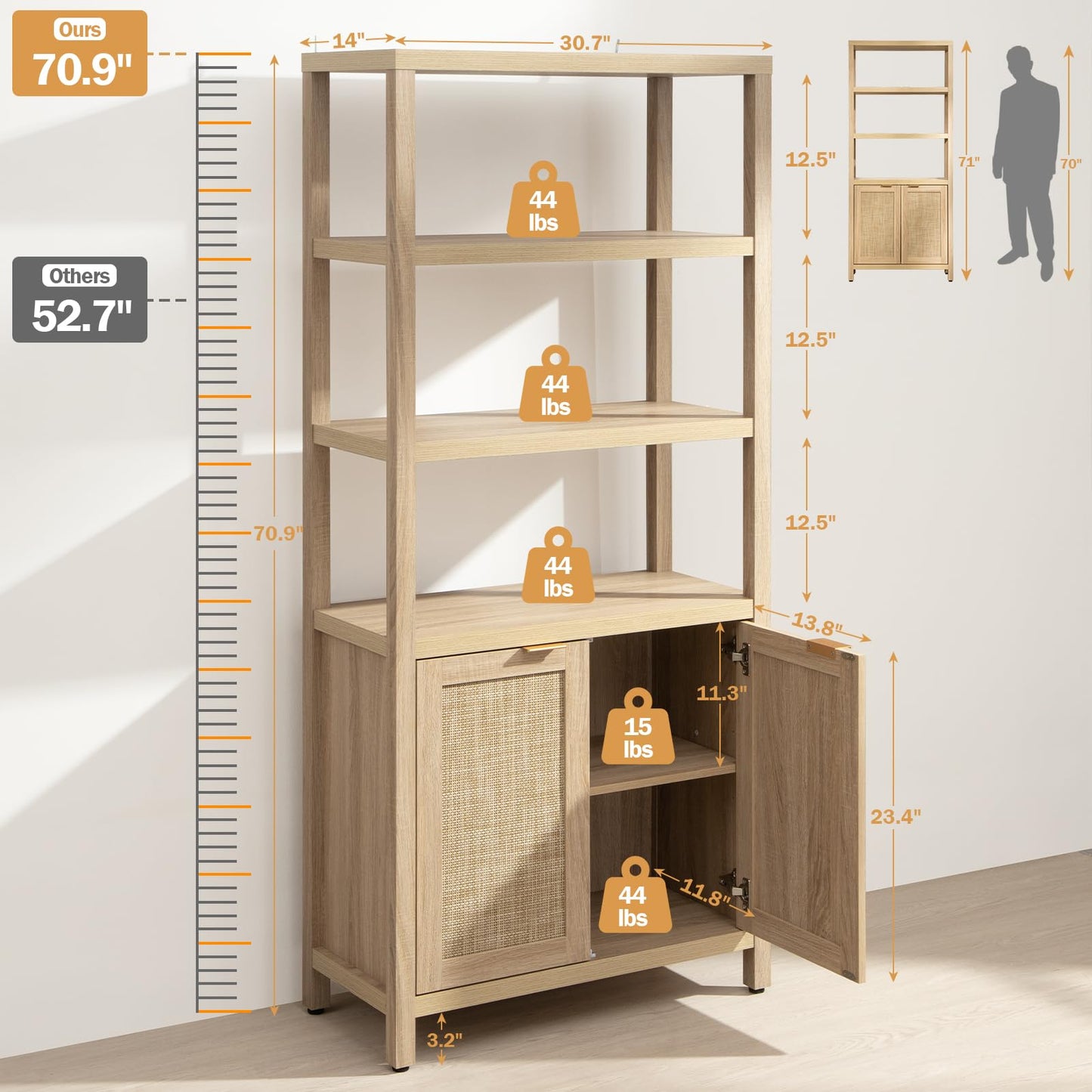 SICOTAS Bookshelf 5 Tier Book Shelf Rattan Boho 71" Tall Bookcase with Doors Storage Shelves Large Bookshelves Farmhouse Bookcases Library Book Case for Living Room Bedroom Home Office Kitchen