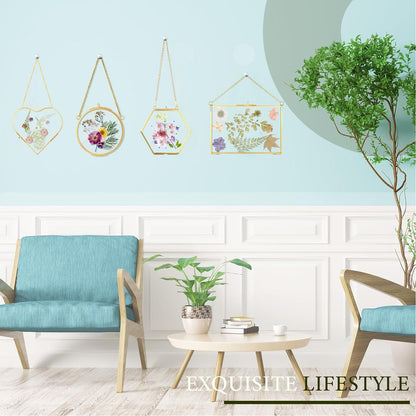 HBLEDOT Pressed Flower Frames, Wall Hanging Double Glass Picture Frames with Chain for Dried Flowers Plants Wall Decor,Only Frame and tweezers (Gold-6PCS)