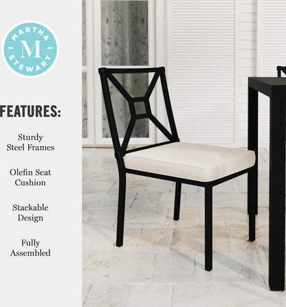 Martha Stewart Lily Pond All-Weather Stackable Patio Chairs with Elevated Backrest Design and Steel Frames in Black with Cream Cushions, Set of 2