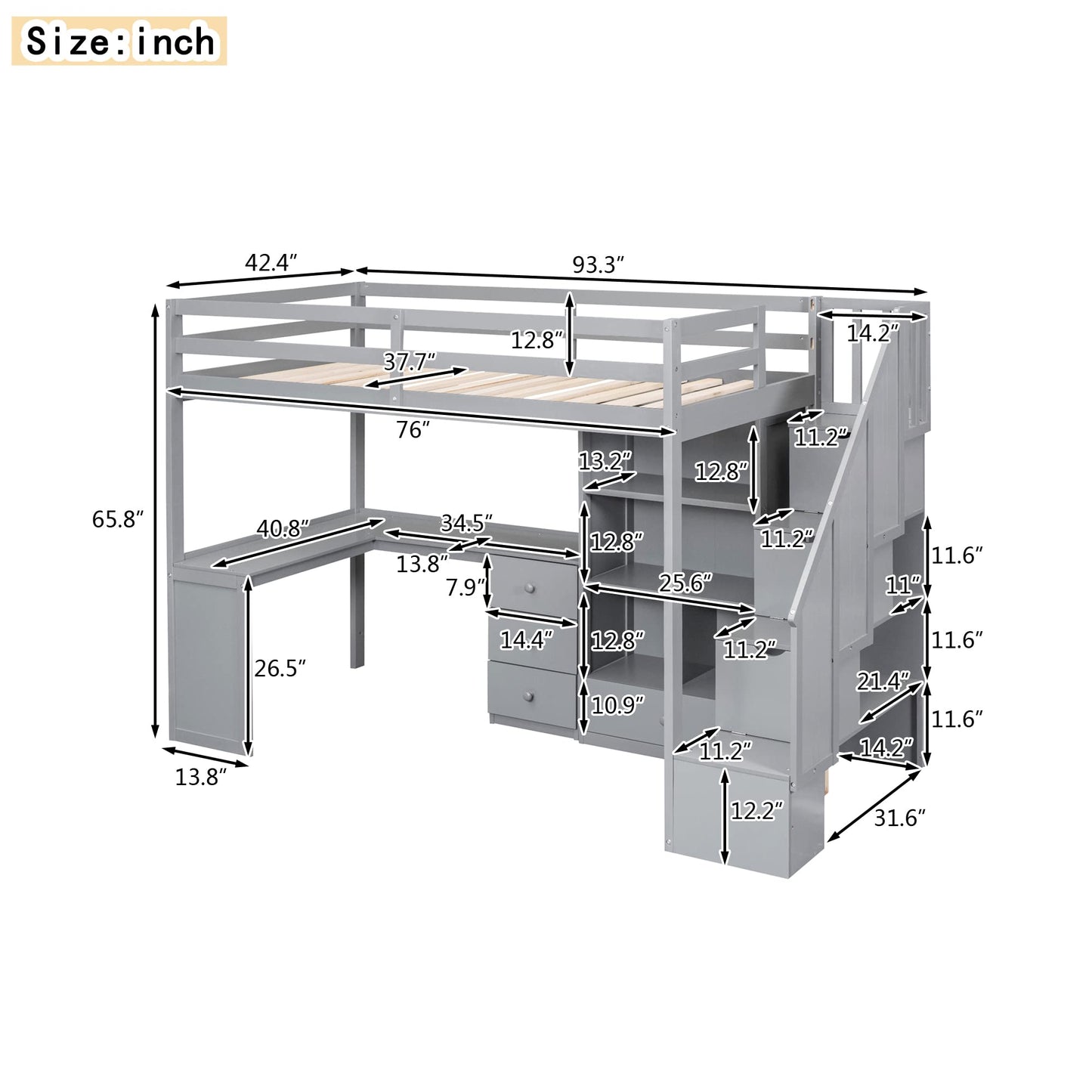 KTATK Twin Size Loft Bed with Storage Shelves and Under-Bed Desk,Bedroom Multifunctional Bed Frame w/Solid Wood Slat Support & Full-Length Guardrail,for Adult Boy Girl Teen,White