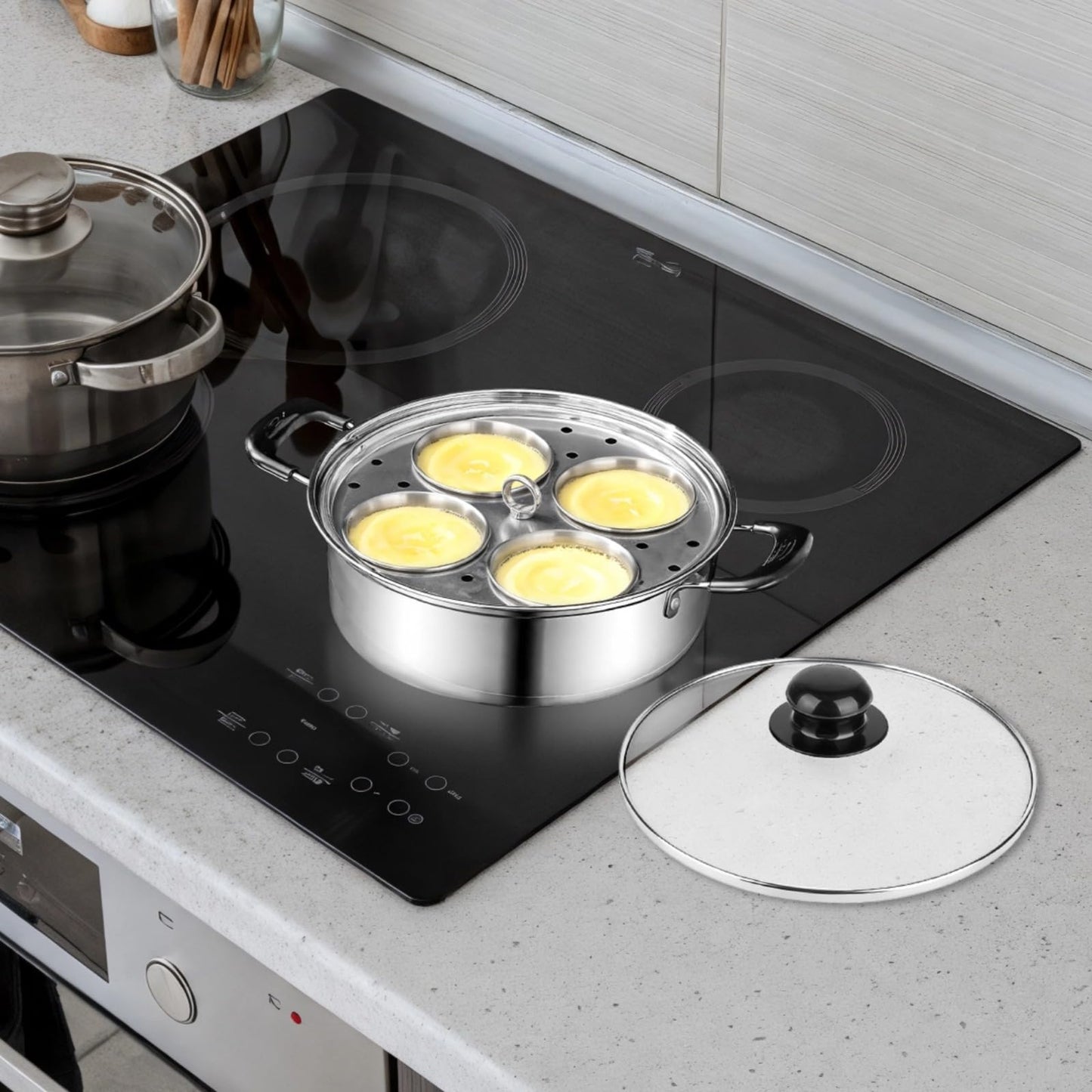 8 Inch Stainless Steel Egg Poacher Pan, 4 Egg Poaching Cups for Easy Release, Tempered Glass Lid for Visible Cooking, Healthy Long-lasting, All Stovetops Compatible