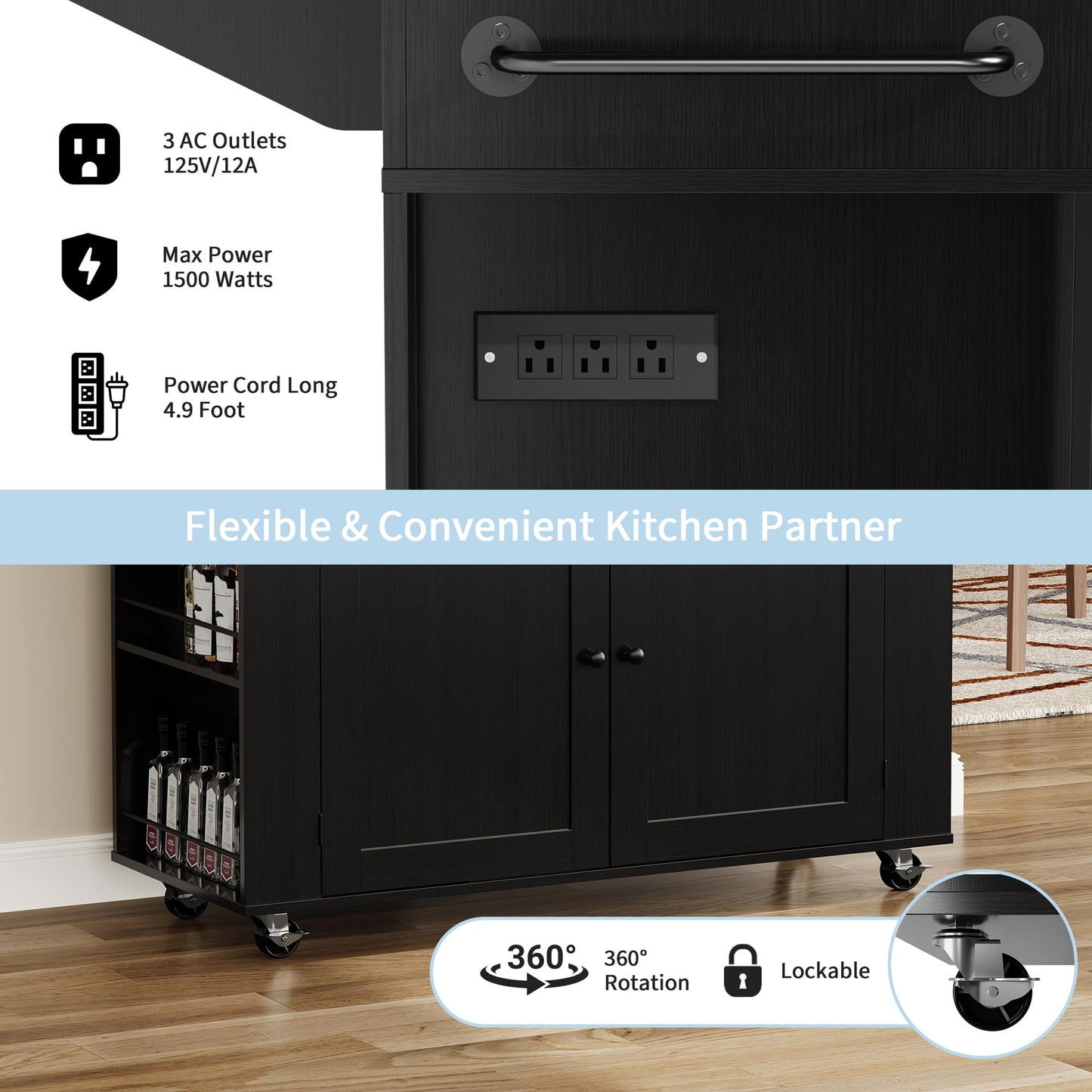 IDEALHOUSE Rolling Kitchen Island with Drop Leaf Countertop, Charging Station & Ample Storage - 47.2" Mobile Kitchen Cart On Wheels with Pull-Out Shelves, Drawers, Spice Rack & Organizer Divider